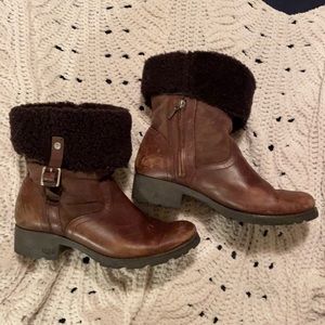UGG Brown Leather Shearling-Cuff Winter Boots